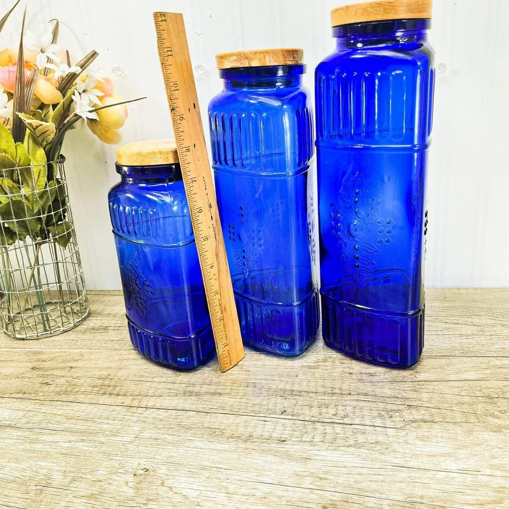 Vintage Cobalt Blue Canister Set of 3: Blue Glass Jars‎ with Wood Lids